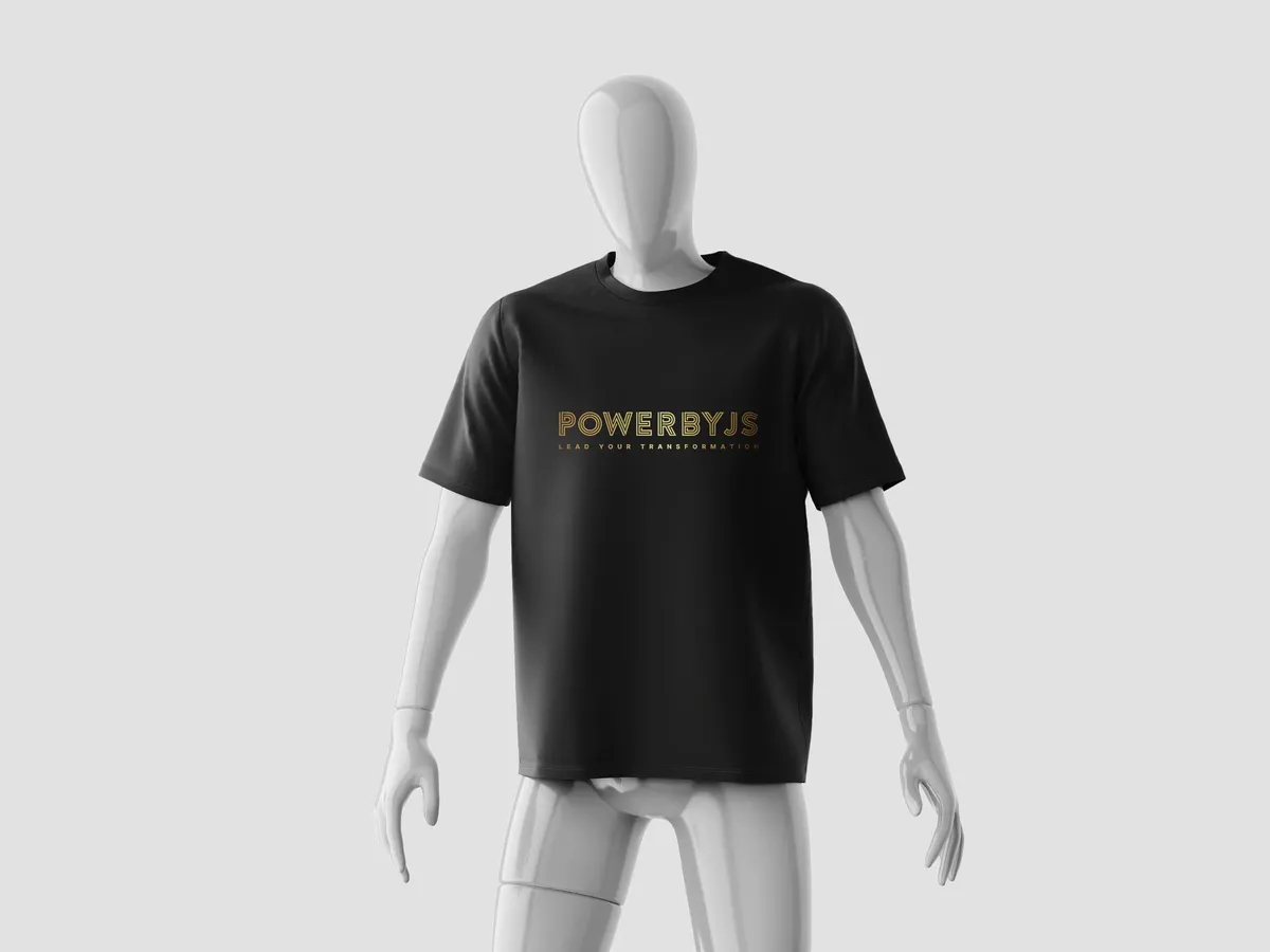 The PowerByJS logo on a black t-shirt