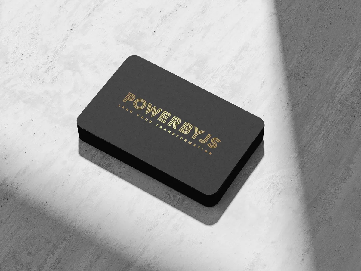 The PowerByJS business card in gold on black