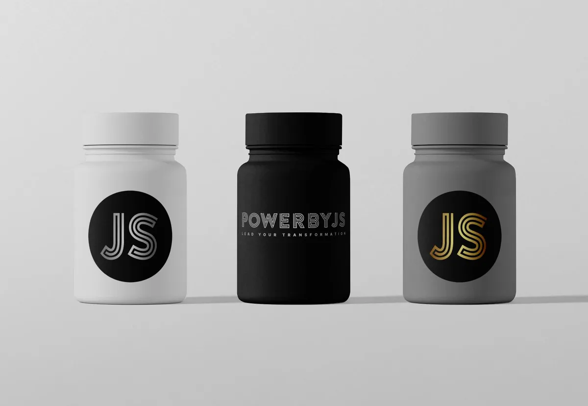 The PowerByJS identity applied to supplement packaging