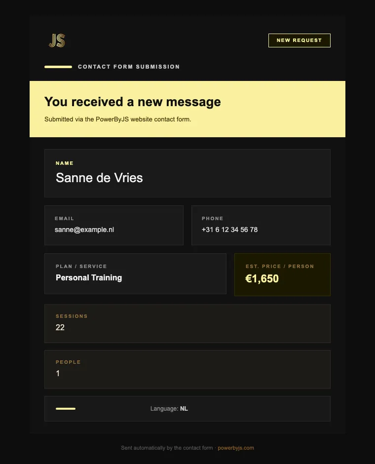 The branded email Jessy receives when someone enquires